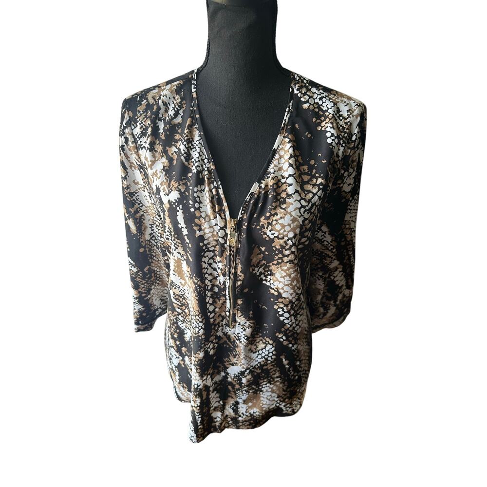 Anne Klein Snakeskin Print Blouse 14 Zip Front 3/4 Sleeve Career Chic Top